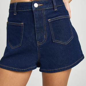 Shorts de mezclilla azul oscuro de cintura alta con costuras premium personalizadas para mujer, shorts de jean de algodón sólido de pierna recta casuales para verano. - Product Image 2