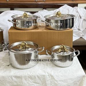 Handcrafted Hammered Metal Pot <b>Set</b> Elegant Silver Polished Casserole with Pumpkin Gold Knobs Luxury Kitchen <b>Cookware</b> food Safe - Product Image 3