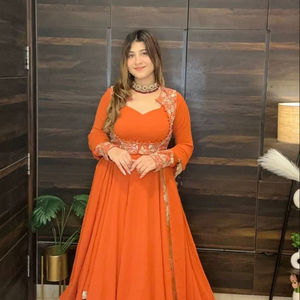 Nuevo Traje Anarkali Maxi de Georgette Sintética Pura de Diseñador, Estilo Elegante para Fiesta, con Koti, Pantalón y Dupatta, de Secado Rápido y Protección Solar - Product Image 1