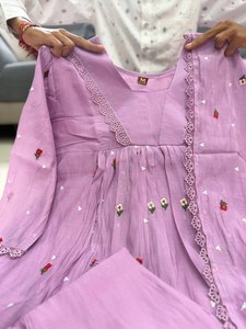 NOIIR PIGEON <b>Womens</b> Pure Mul Chanderi Anarkali <b>Kurta</b> Pant Dupatta Designer Bracelet 4-Piece Set Embroidered Indian - Product Image 3