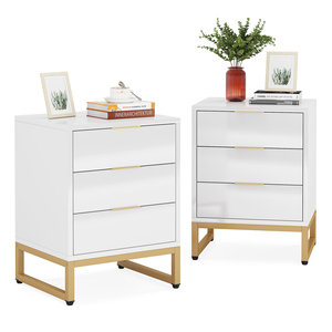 Tables <span class=keywords><strong>de</strong></span> <span class=keywords><strong>chevet</strong></span> et tables <span class=keywords><strong>de</strong></span> nuit modernes blanches avec cadre en métal doré, design minimaliste, dessus en bois à 3 tiroirs, rangement pour appartement et chambre - Product Image 5