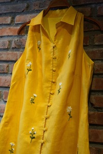 Robe longue jaune sans manches avec broderie florale, coupe ample, décontractée, pour le printemps, en coton tissé - Product Image 2