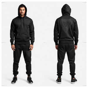 Chándal negro con capucha para hombre, con cremallera completa, bolsillo frontal, estampado de diamantes de imitación, informal, para otoño, 100% algodón. - Product Image 4