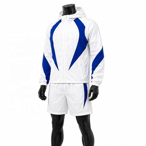 Conjunto Deportivo para Hombre con Capucha, Color Blanco y Azul, Estilo Urbano, Impermeable, Transpirable, Ligero, Chaqueta con Cierre y Pantalones Cortos - Product Image 1