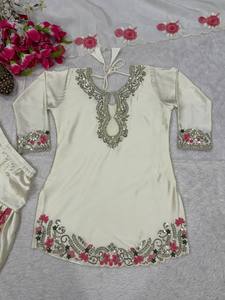 White Silk Salwar Kameez With Pink Floral Embroidery <b>Ankle</b>-Length Traditional Indian Pakistani Wedding Wear Women's Loose Fit - Product Image 5