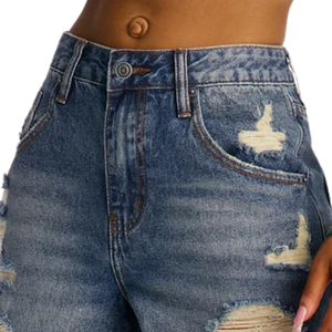 Shorts en jean déchirés pour femme, coupe décontractée taille mi-haute, 100 % coton, séchage rapide, respirant, bleu, ourlet effiloché - Product Image 3