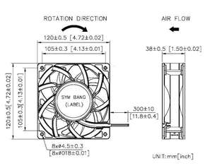 Ventilador axial con rodamientos de bolas, aspas de plástico y carcasa de aluminio, D12038D(A)-K1, 120x120x38mm, CC 12V/24V/48V, para equipos industriales. - Product Image 3