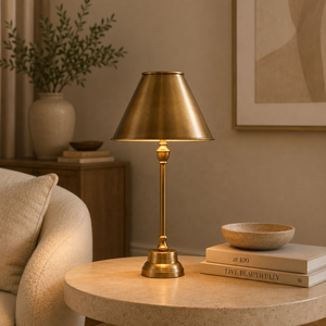Lampe de table en métal Regal Spire avec abat-jour conique en fer, base sur pied robuste, éclairage d'ambiance chaleureux pour intérieurs élégants - Product Image 1