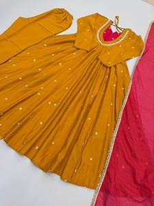 Ensemble ethnique 3 pièces de qualité supérieure pour femmes fil à paillettes haut de travail pantalon en coton et dentelle Dupatta tailles cousues marge - Product Image 3