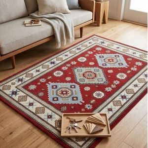 Tapis géométrique oriental rectangulaire rouge en laine et acrylique noué à la main, à poils moyens, avec envers antidérapant en caoutchouc, pour la décoration du salon - Product Image 4