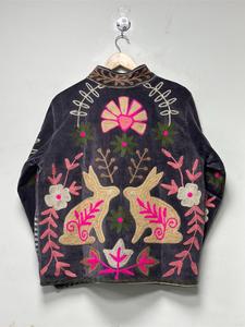 Ethnic Gray <b>Velvet</b> Embroidered Suzani <b>Jacket</b> Rabbit Pattern Full Sleeve Stand Collar Handmade Bohemian Autumn <b>Women</b> Outerwear - Product Image 5