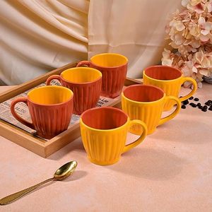 Glossy Ribbed Red and Yellow Ceramic <b>Tea</b> <b>Cup</b> <b>Set</b> of 6 - Product Image 4
