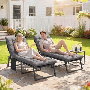 Set di 2 Chaise Longue Pieghevoli Grigio Scuro con Schienale Regolabile in 5 Posizioni, Cuscini e Tasca Laterale per Prendere il Sole a Bordo Piscina - Product Image 2