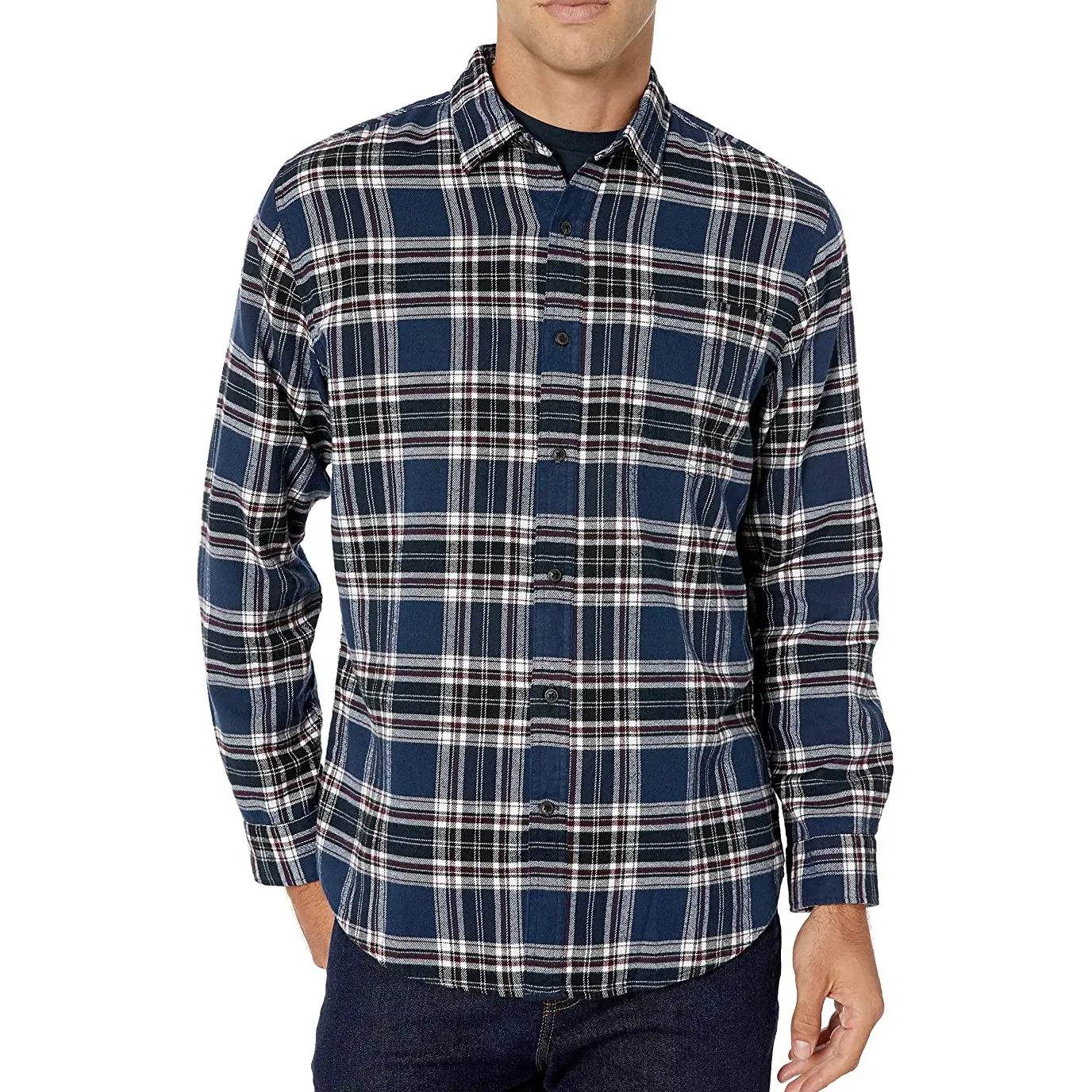 Factory Customized OEM Men Button Up Long Sleeve Casual Blue Plaid flannel shirt for unisex