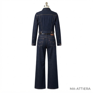 <b>Women</b> Dark <b>Blue</b> Denim Jacket And Wide Leg <b>Jeans</b> Set Fitted Two Piece Matching Outfit Casual Streetwear Fashion - Product Image 4