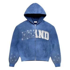 Sweat à capuche zippé pour homme, coupe ample, en coton premium de haute qualité 420 g/m², style streetwear personnalisé, orné de strass brillants. - Product Image 4