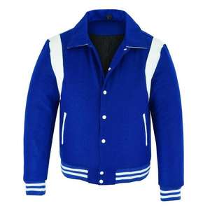 2025 OEM Men Stand Collar Blue Varsity Letterman Baseball Jacket with White <b>Leather</b> <b>Strip</b> Winter Heated College Jacket - Product Image 4