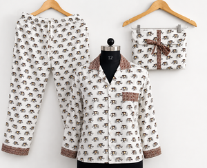 Luxury Elephant Hand Block Print <b>Crepe</b> Silk Night Suit Women Long Pajama Set Casual Handmade Masterpiece Sleepwear Gift Set - Product Image 1