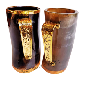 Mug en corne de bœuf poli de haute qualité, fait à la main, style viking, corne à boire, bord plaqué or, poignée, design animal, pour Noël - Product Image 3