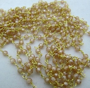 Cadena de rosario con cuentas de circonita cúbica facetada de 3 mm, color champán, con envoltura de alambre, cadena de piedras semipreciosas. - Product Image 2