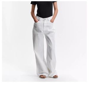Jean large blanc taille haute pour femme, coupe décontractée, pantalon en denim droit, vente en gros personnalisée, pantalon de mode - Product Image 1