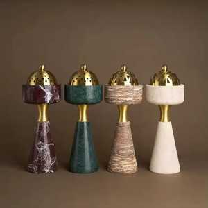 Porte-encens en pierre verte dorée, base conique, section cylindrique, dessus en dôme, design perforé, bouton sphérique, pièce ornementale - Product Image 6