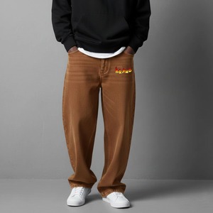 Pantalon droit en toile marron pour homme, taille élastique, logo brodé sur la jambe droite, décontracté, pour l'automne, 100% coton biologique, léger - Product Image 5