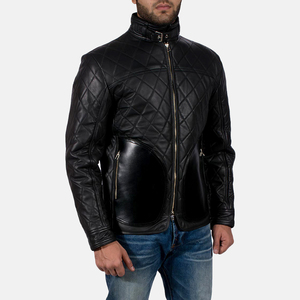 Veste en cuir matelassée noire pour homme, col montant, ceinture, fermeture éclair, style motard, cuir véritable, imperméable, respirante - Product Image 5