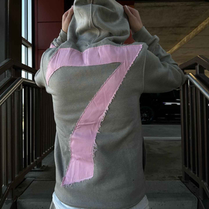 Unisex Gray <b>Hoodie</b> With Pink Applique Letter L Front Design Streetwear Style Full Sleeve Autumn Wear Side Pockets Drawstring - Product Image 5