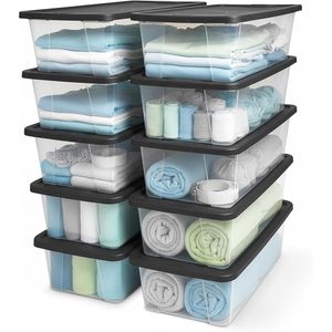 6 Quart Clear Plastic <b>Storage</b> Bins with Gray Lids <b>Stackable</b> Organizer <b>Boxes</b> for Bedroom Bathroom Garage - Product Image 1