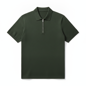 Zipper Casual Solid Design Men's Dark Green Short Sleeve Knitted Polo <b>Shirt</b> Zipper Polo <b>Collar</b> Casual Wear Polo <b>T</b> <b>Shirt</b> - Product Image 1
