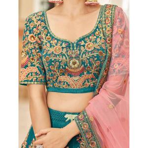 Gorgeous Teal <b>Blue</b> Embroidered Velvet Bridal Wear Lehenga Choli - Product Image 2