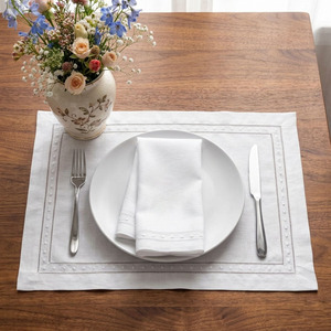 Custom Classic Washable Reuse Embroidery Dots & Double Hemstitch <b>Placemats</b> Napkins Sets 100% Cotton Mats Home Wedding Events - Product Image 2