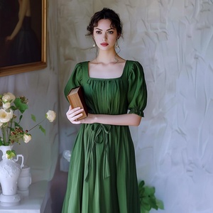 Midi <b>Dress</b> Drawstring High Waist V-Neck Cotton <b>Bell</b> <b>Sleeve</b> A-Line Breathable Bow Pockets Casual Summer Vacation Outfit - Product Image 1