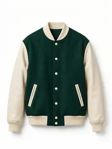 Men's Varsity Jacket <b>Navy</b> Wool Body White Leather Sleeves Color Block Snap Button Stand Collar <b>Winter</b> <b>Coat</b> - Product Image 2