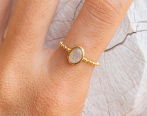 Handmade Brass Moonstone <b>Ring</b> Minimalist Beaded Band Natural Moonstone Gemstone <b>Ring</b> Boho Vintage Jewelry for Women - Product Image 1