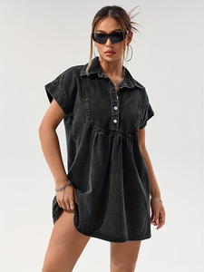 Recommandation de blogueur : Chemise poupée à col noir-gris, petite taille, boutonnée, unie, décontractée, style vintage, manches courtes, 100% coton - Product Image 6