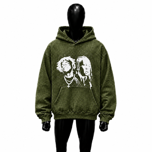 Sweat à capuche graphique oversize Olive, style streetwear délavé vintage, avec imprimé portrait artistique, en molleton de coton épais - Product Image 1