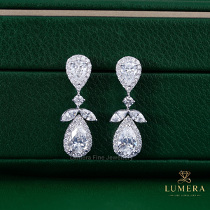 Pear Cut Diamond Drop <b>Earrings</b>, Multi Tier <b>Halo</b> Design With Marquise Side Stones And Elegant Statement Dangle Setting <b>Earrings</b> - Product Image 2