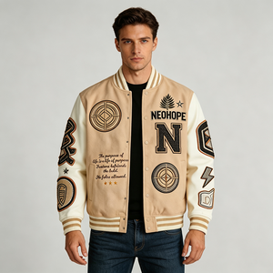 Blouson Teddy Homme NeoHope Beige avec Broderies Style Preppy Coupe Classique Col Montant en Laine Chauffant Coupe-Vent - Product Image 4