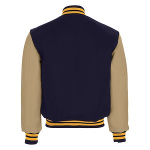 Men's High Quality Baseball Jacket with Leather Sleeves & Lettering <b>Covered</b> <b>Button</b> Closure - Product Image 2
