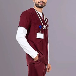 Men's <b>Maroon</b> Scrub Set Cotton Polyester Woven Hospital Uniform Pants <b>Top</b> V-Neck With Pockets Stethoscope Ready - Product Image 5