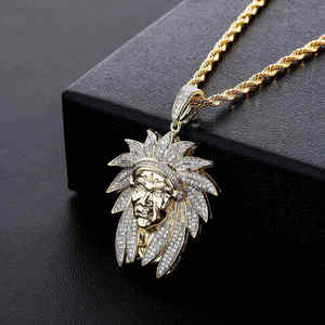 Collar con Colgante de Jefe Indígena Estilo Hip Hop, Chapado en Oro, con Circonitas, Cadena de Cuerda, Ideal para Regalo o Fiesta - Product Image 1