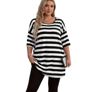<b>Women's</b> Black White Striped Loose Fit Jersey Tunic Top Three Quarter Sleeve O Neck Casual <b>Long</b> Anti-Wrinkle Eco-Friendly All - Product Image 5