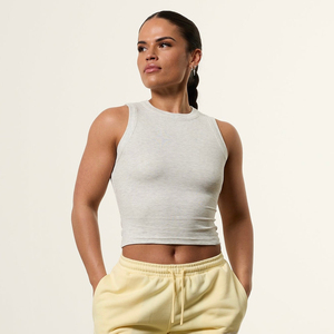 <b>Women</b> Solid Color Knitted Tank Top Casual Breathable Crop Top Light Gray Sleeveless <b>Back</b> View - Product Image 3