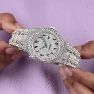 Full Iced Out Moissanite Diamond White Tone Automatic Watch Luxury Hip Hop Stainless Steel Round Arabic Dial Mens WristWatch - Product Image 5