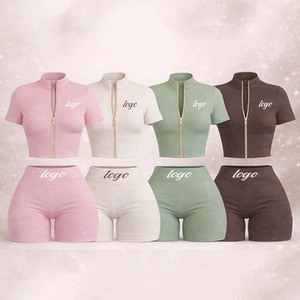 Vêtements d'été pour femmes de haute qualité, très vendus, ensembles de streetwear personnalisés, ensembles de sport, chemise à manches courtes zippée et short, ensemble 2 pièces - Product Image 6