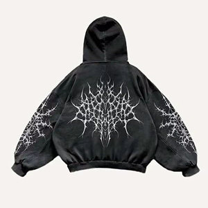 <b>Y2K</b> Gothic Streetwear Hoodie Oversized Acid Wash Black Pullover With Spiky Graphic Print Custom MOQ <b>Top</b> Quality Made Men Hoodies - Product Image 2