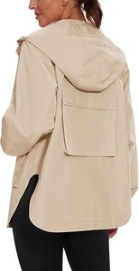 Veste coupe-vent à capuche pour femme, manches longues, fermeture éclair, imperméable, décontractée, couleur unie beige, longueur normale - Product Image 5