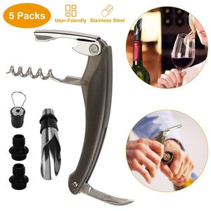 Ensemble d'accessoires de bar pour sommeliers et serveurs, 5 pièces, kit d'ouvre-bouteille à vin avec tire-bouchon, verseur, bouchon et pompe à vide pour usage domestique - Product Image 1